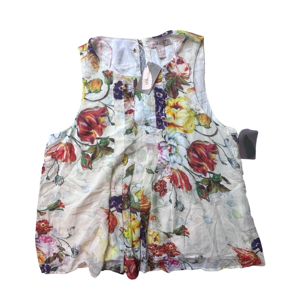 XXI Blouse Womens Medium Cream Floral Print Sleeveless Pleated Keyhole 36968